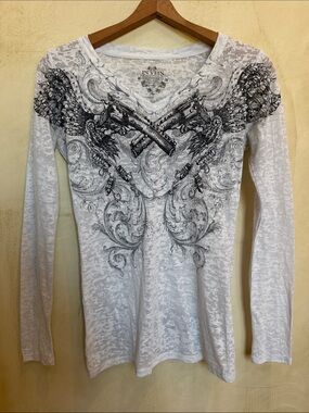 In Vein Women's White V-Neck Long Sleeve Graphic Burnout Top